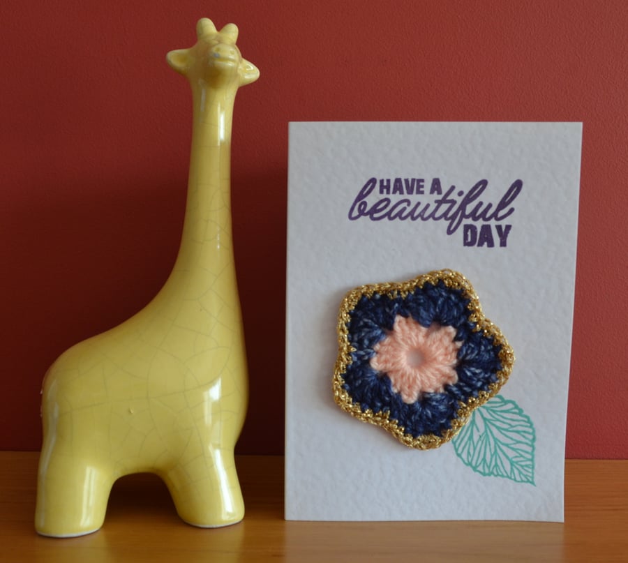 Greeting card with navy & gold crochet flower - No. 06