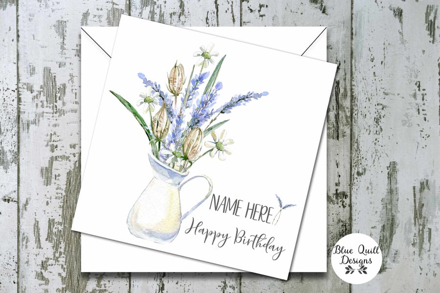 Lavender Pitcher Garden Themed Watercolour Print Personalised Birthday Card