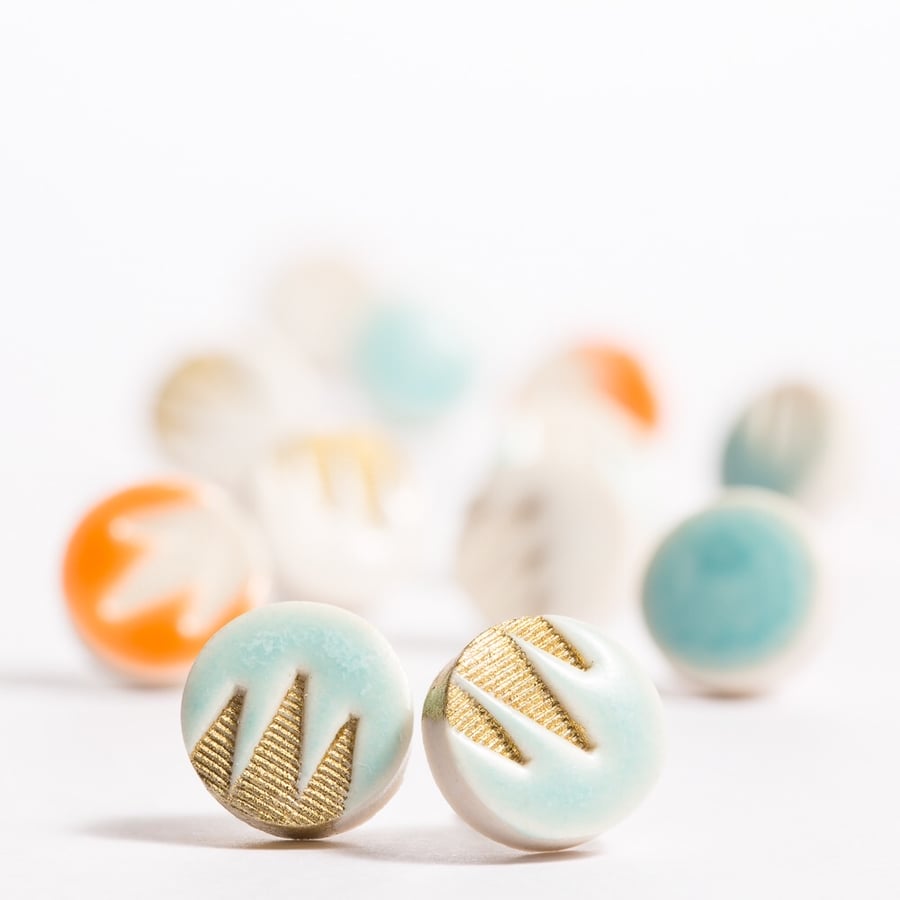 Porcelain Patterned Turquoise & Gold Stud Earrings 