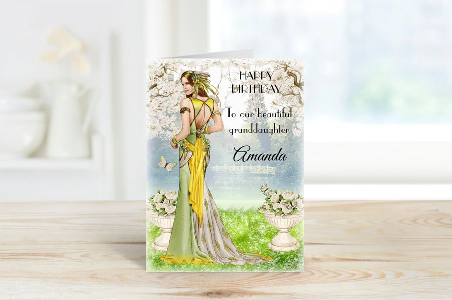 Personalised Art Deco Lady Greeting Card. Amanda. Yellow & Green Dress