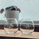 Hand-etched 'Mr & Mrs' stemless wine glasses 