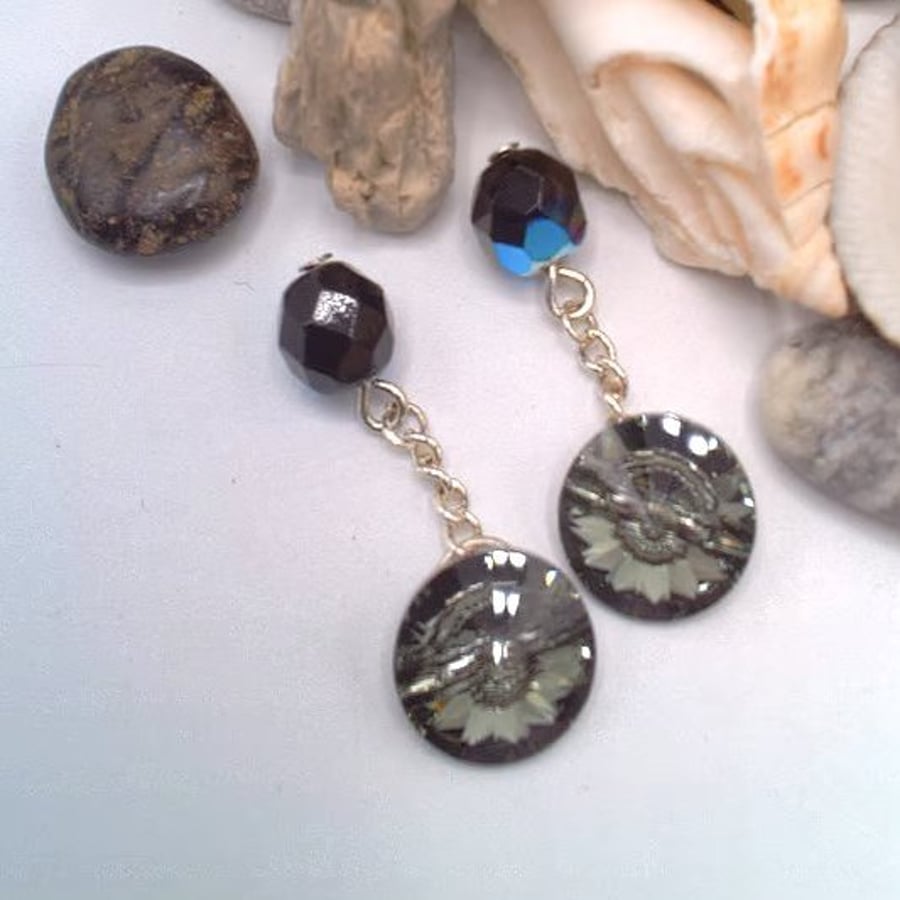 Round Black Shadow Crystal Button Cuff Links, Crystal Cuff Links, Gift for Him