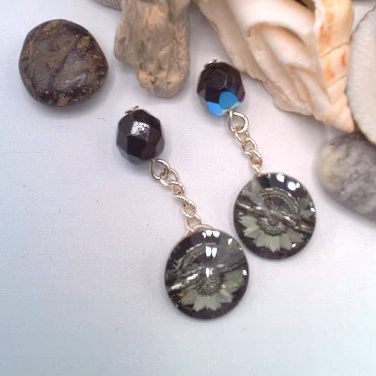 Round Black Shadow Crystal Button Cuff Links, Crystal Cuff Links, Gift for Him