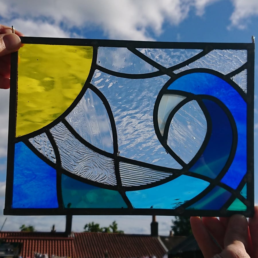 SOLD Stained glass leaded panel - yellow sun and breaking wave