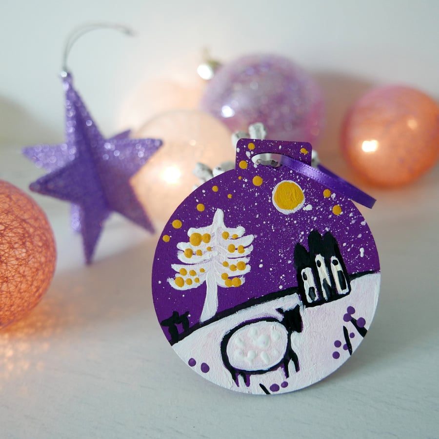 Purple Hanging Decoration, Christmas Ornament, Sheep Illustration, Winter Decor