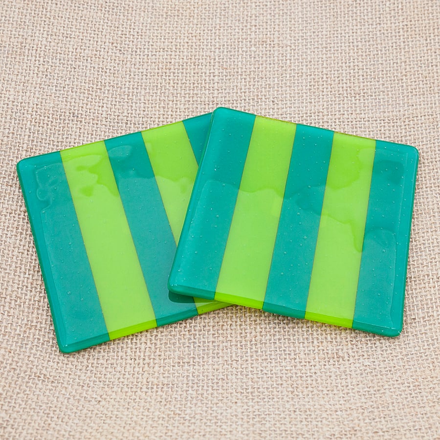 Green Striped Fused Glass Coasters