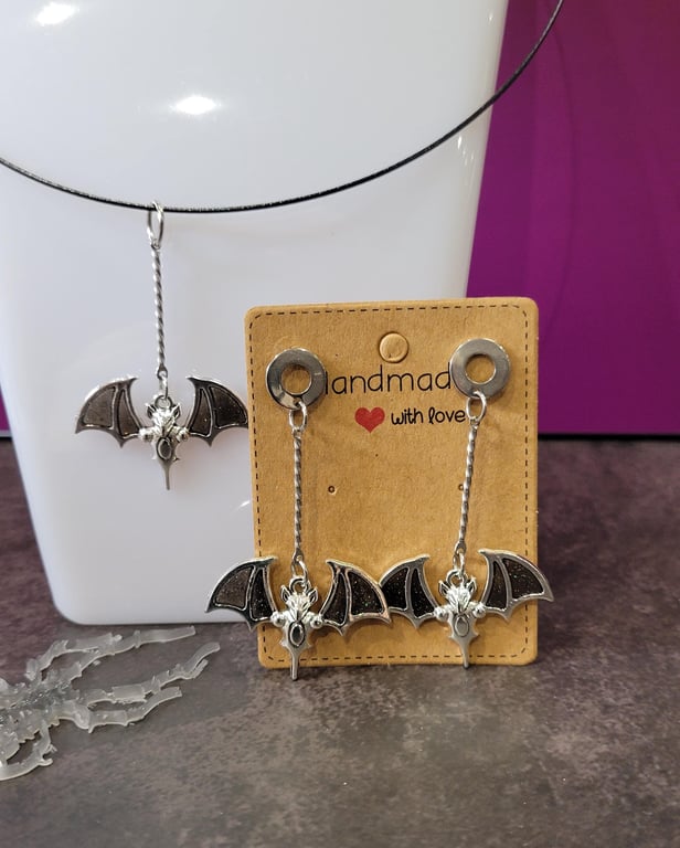 Bat Earring and Necklace Set made with Black Resin