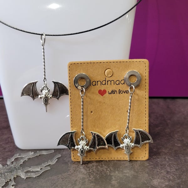 Bat Earring and Necklace Set made with Black Resin