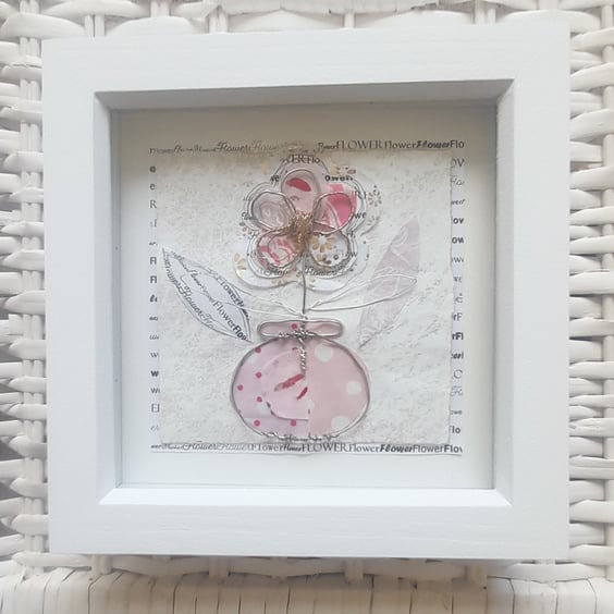 Wire Pink Flower in a Round Vase. Pink Silver Gold Copper White Artwork.