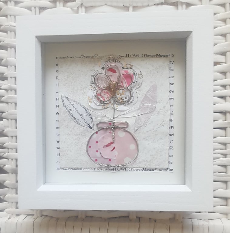 Wire Pink Flower in a Round Vase. Pink Silver Gold Copper White Artwork.