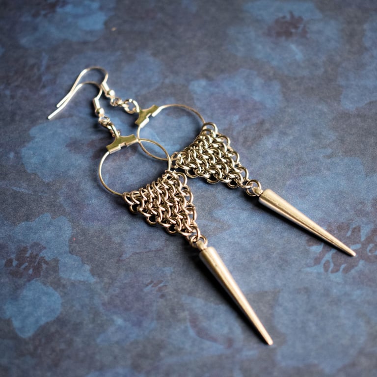 Chainmaille and Spike Hoop Earrings, Punk or Grunge Style Jewellery