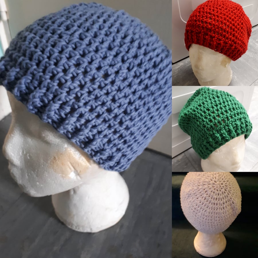 Crocheted cotton beanie hat cap Vegan sensitive skin  white red green denim blue
