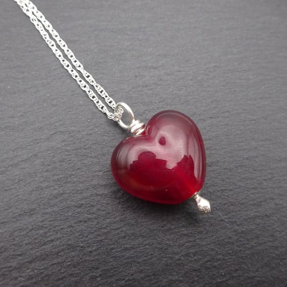 red lampwork glass heart pendant necklace, sterling silver chain