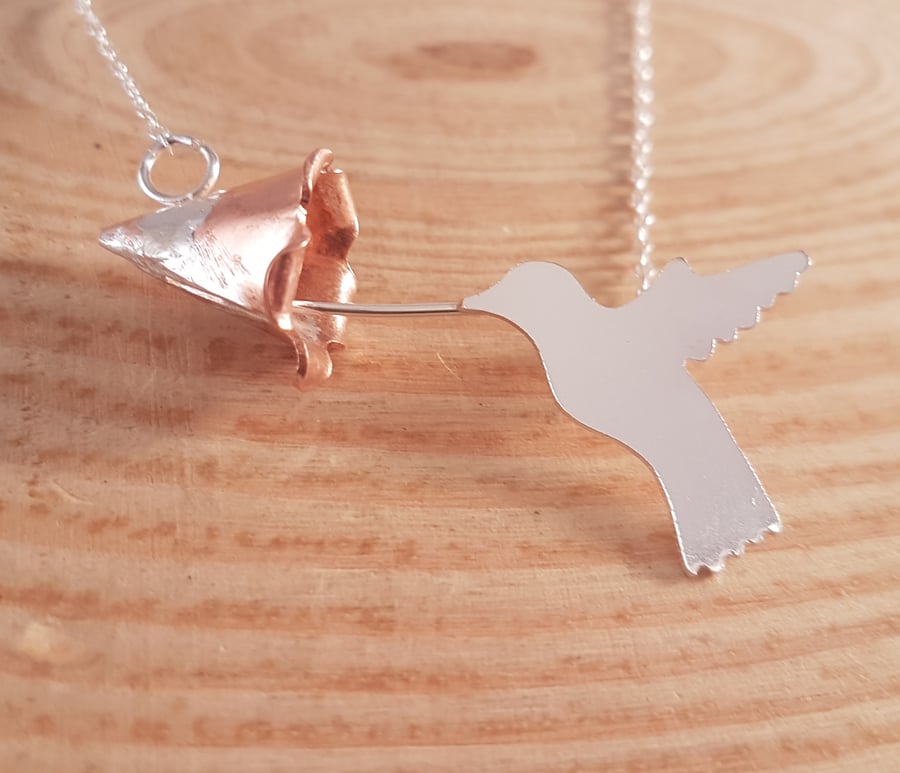 Sterling Silver and Copper Humming Bird and Flower Necklace