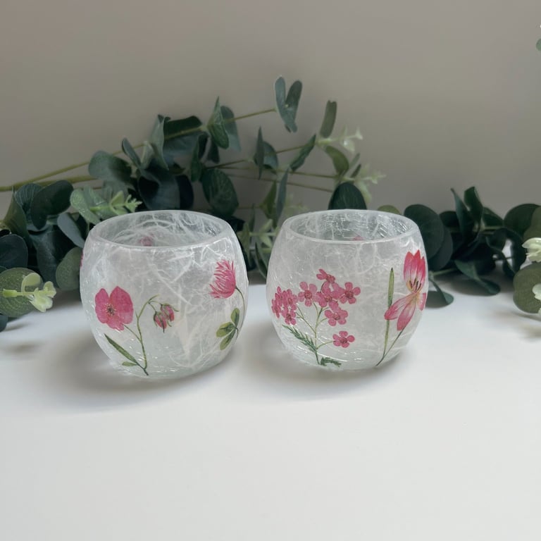 Decoupage Glass Tea Light Holders: Pink Flowers, Upcycled