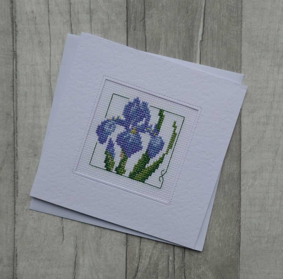 Cross Stitch Card with Purple Iris - Blank Greetings Card