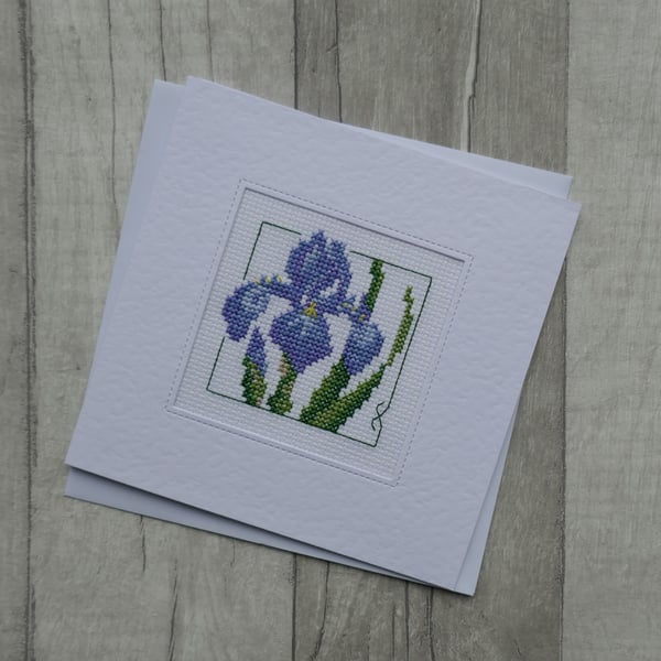 Cross Stitch Card with Purple Iris - Blank Greetings Card