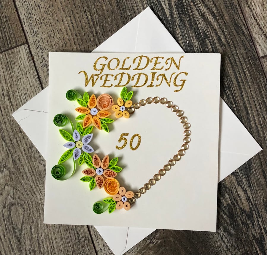 Handmade quilled golden wedding anniversary card