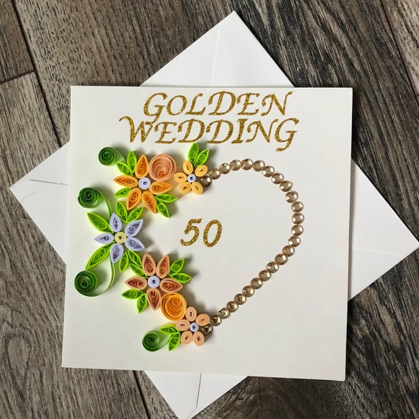 Handmade quilled golden wedding anniversary card
