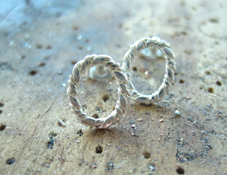 Small Silver Stud Oval Earrings  - Twisted cable design dainty, round, pure