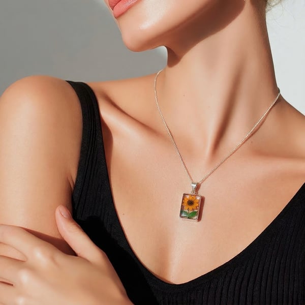 Sterling Silver Sunflower Rectangle Pendant Necklace