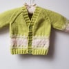 6-12 months hand knitted cardigan, pea green with pale pink hearts