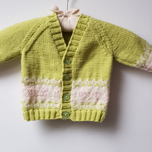 6-12 months hand knitted cardigan, pea green with pale pink hearts