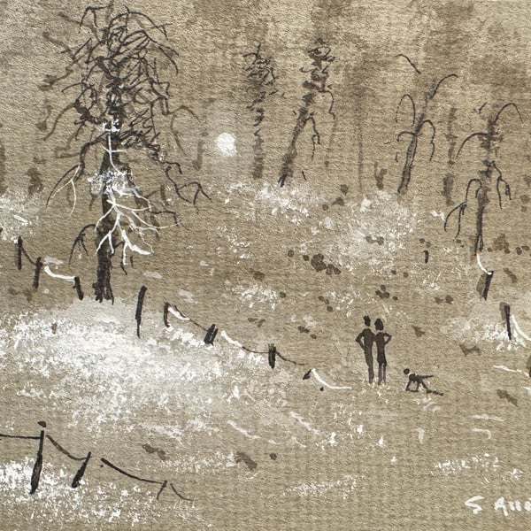 Original Aceo Painting ‘ Winter Walk ‘ by Stephen Allen 