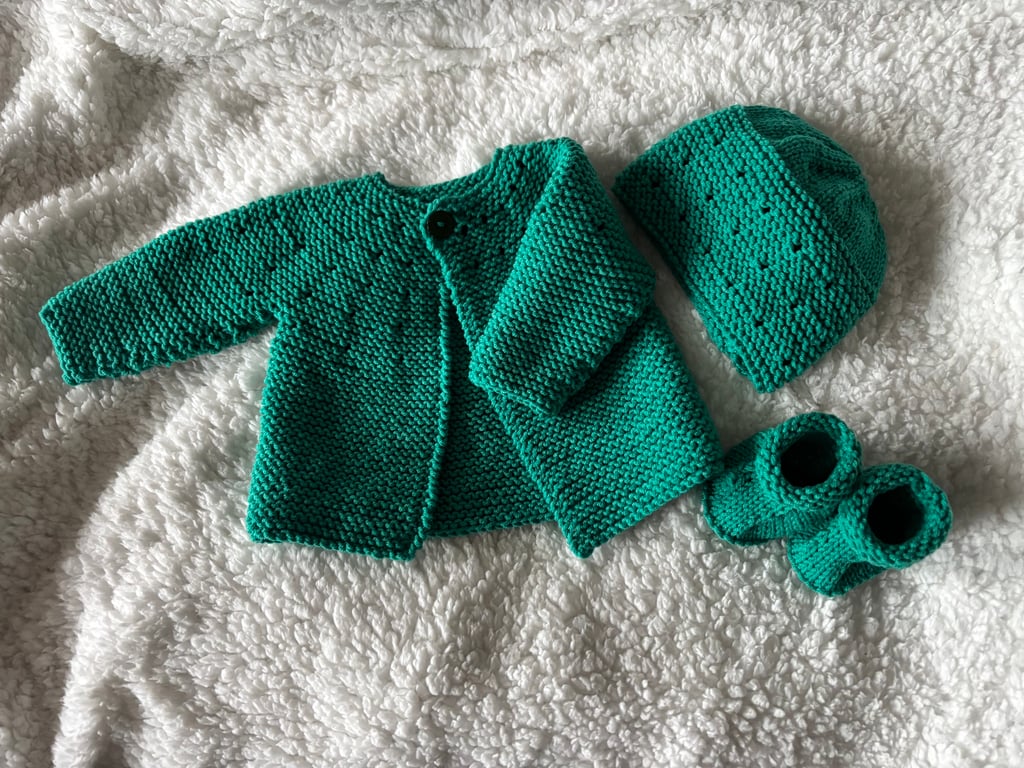 Hand Knitted Baby Cardigan, Hat & Bootees