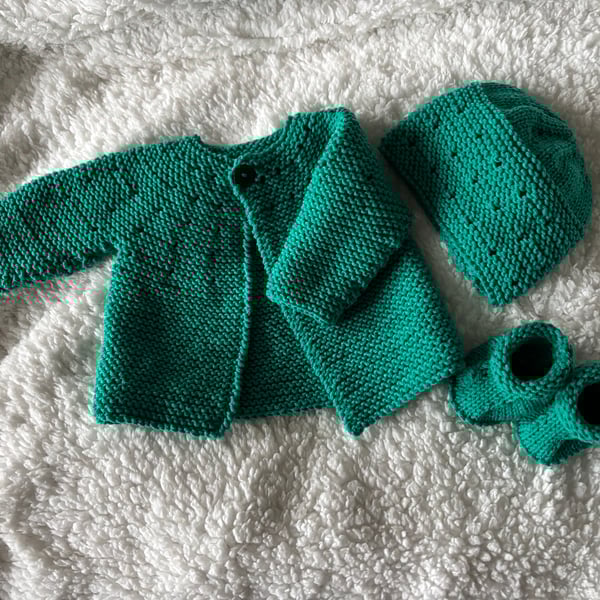 Hand Knitted Baby Cardigan, Hat & Bootees