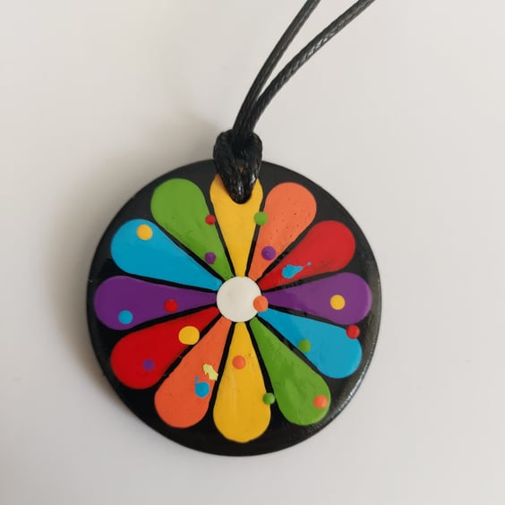 Rainbow Daisy Hand Painted Ceramic Pendant Necklace