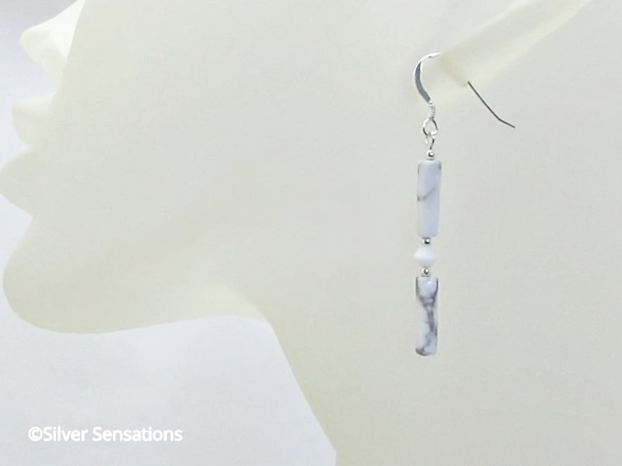 Slim White Howlite Earrings With Premium Crystals & Sterling Silver