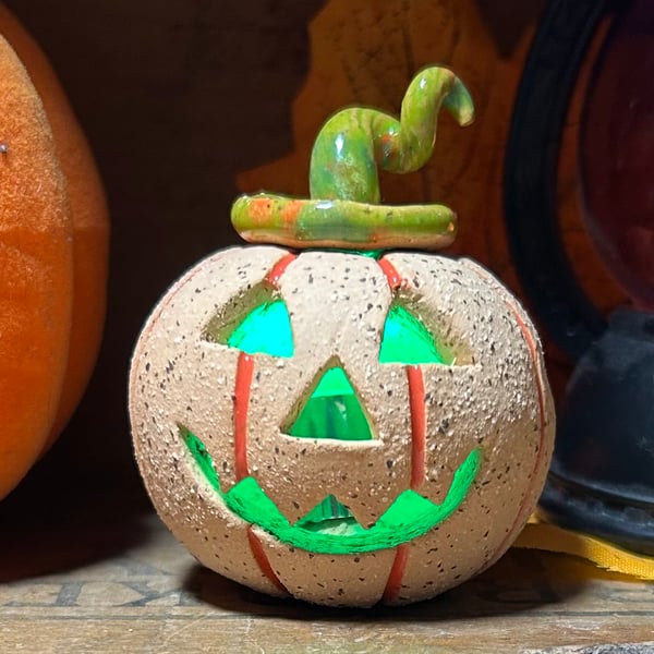 Ceramic pumpkin light up decoration carved face Jack o lantern no7