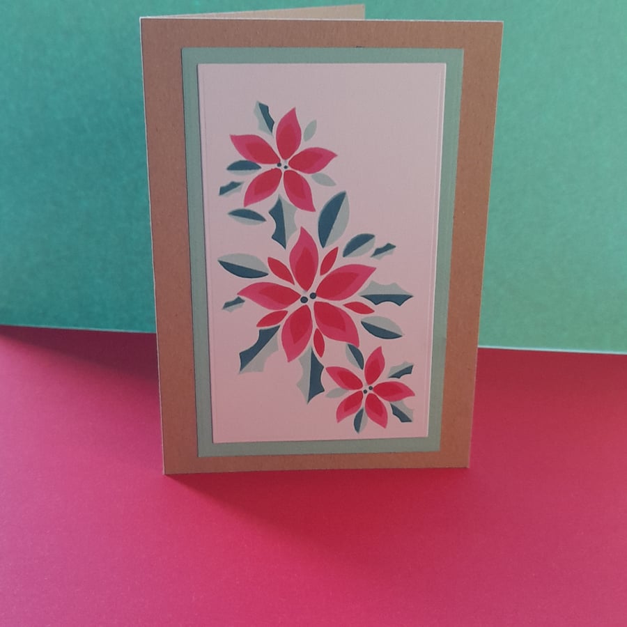 Poinsettia & Holly Christmas Card - Arctic Blue - Handmade