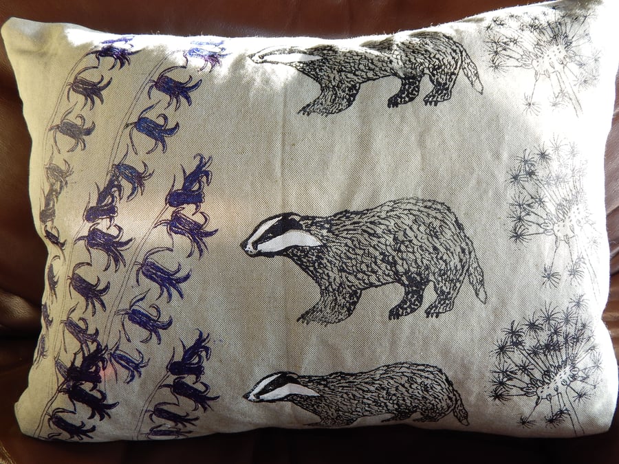Badger, bluebell and wild flower - Screen printed cushion