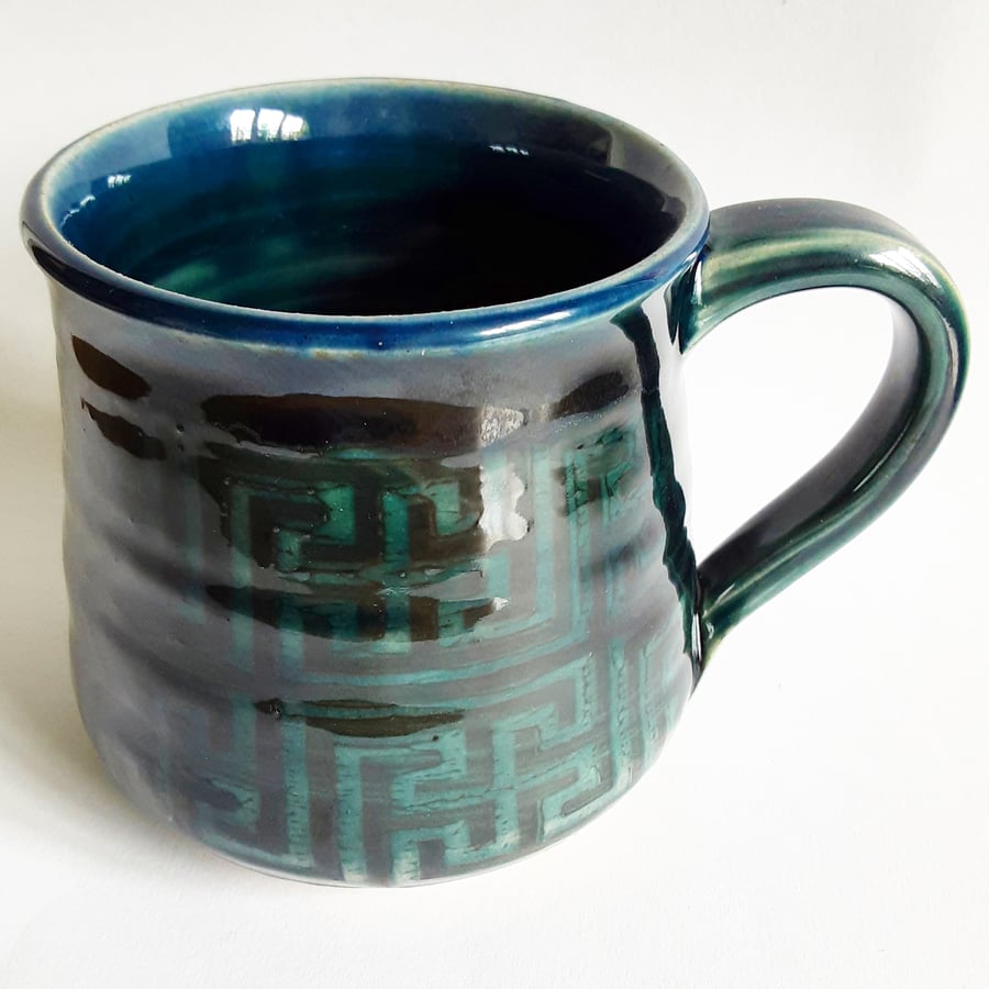 Blue Patterned Mug - Hand Thrown Stoneware Ceramic Mug