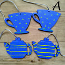Teapot and teacup wooden wall hangings in cobalt blue for kitchen decor