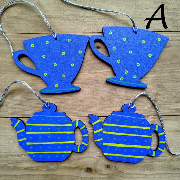 Teapot and teacup wooden wall hangings in cobalt blue for kitchen decor
