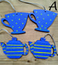 Teapot and teacup wooden wall hangings in cobalt blue for kitchen decor