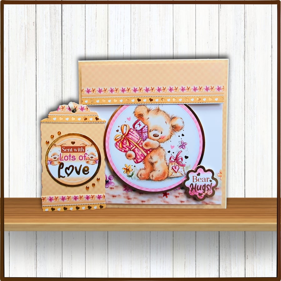 Many Occasions Card & Gift Tag Set With A Teddy Bear, Bear Hugs, Sent With Love