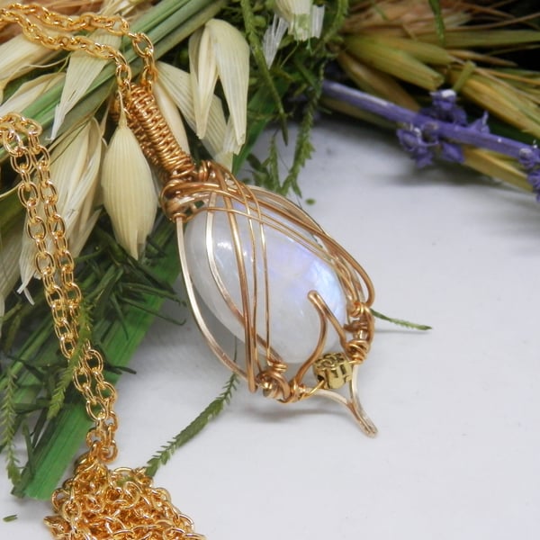 Celtic Style Gold Filled Necklace With Rainbow Moonstone