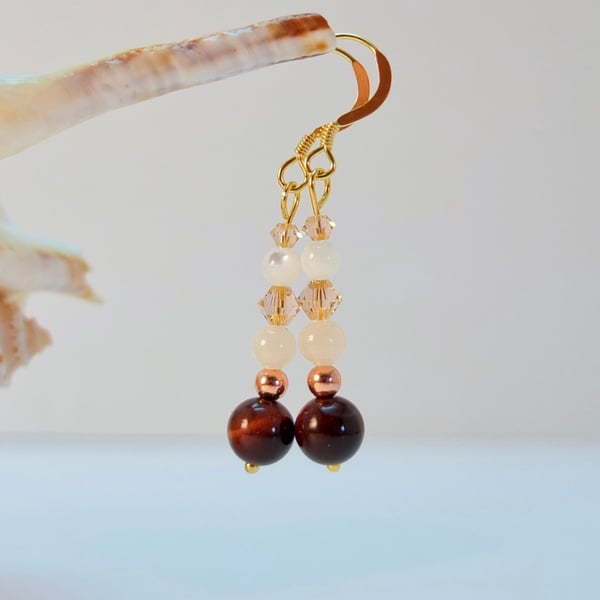 Tiger's Eye, Mashan Jade, Swarovski Crystal And Mother Of Pearl Earrings.