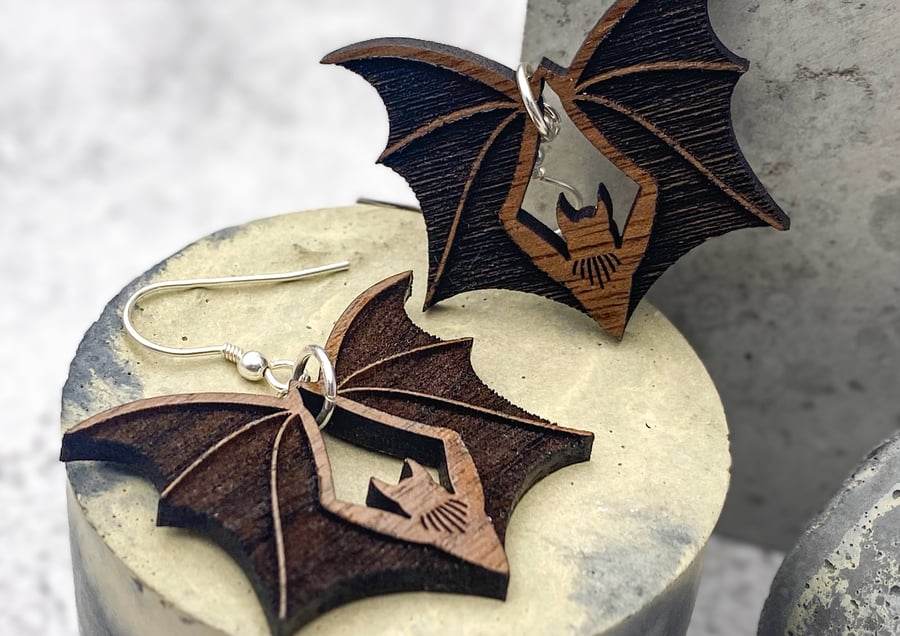 Artisanal Wood Bat Earrings - Distinctive Sustainable Gothic Accessories