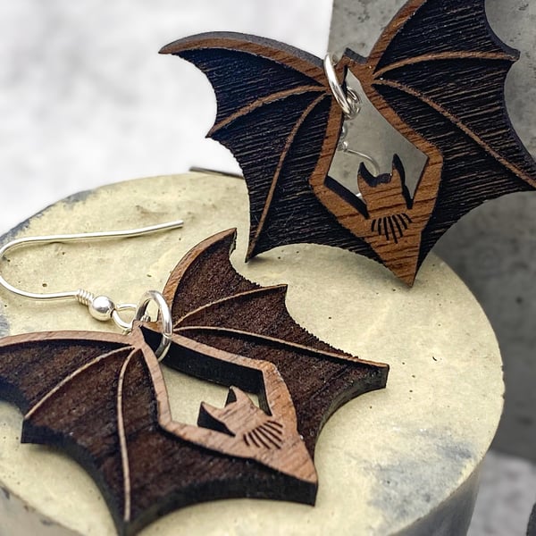 Artisanal Wood Bat Earrings - Distinctive Sustainable Gothic Accessories