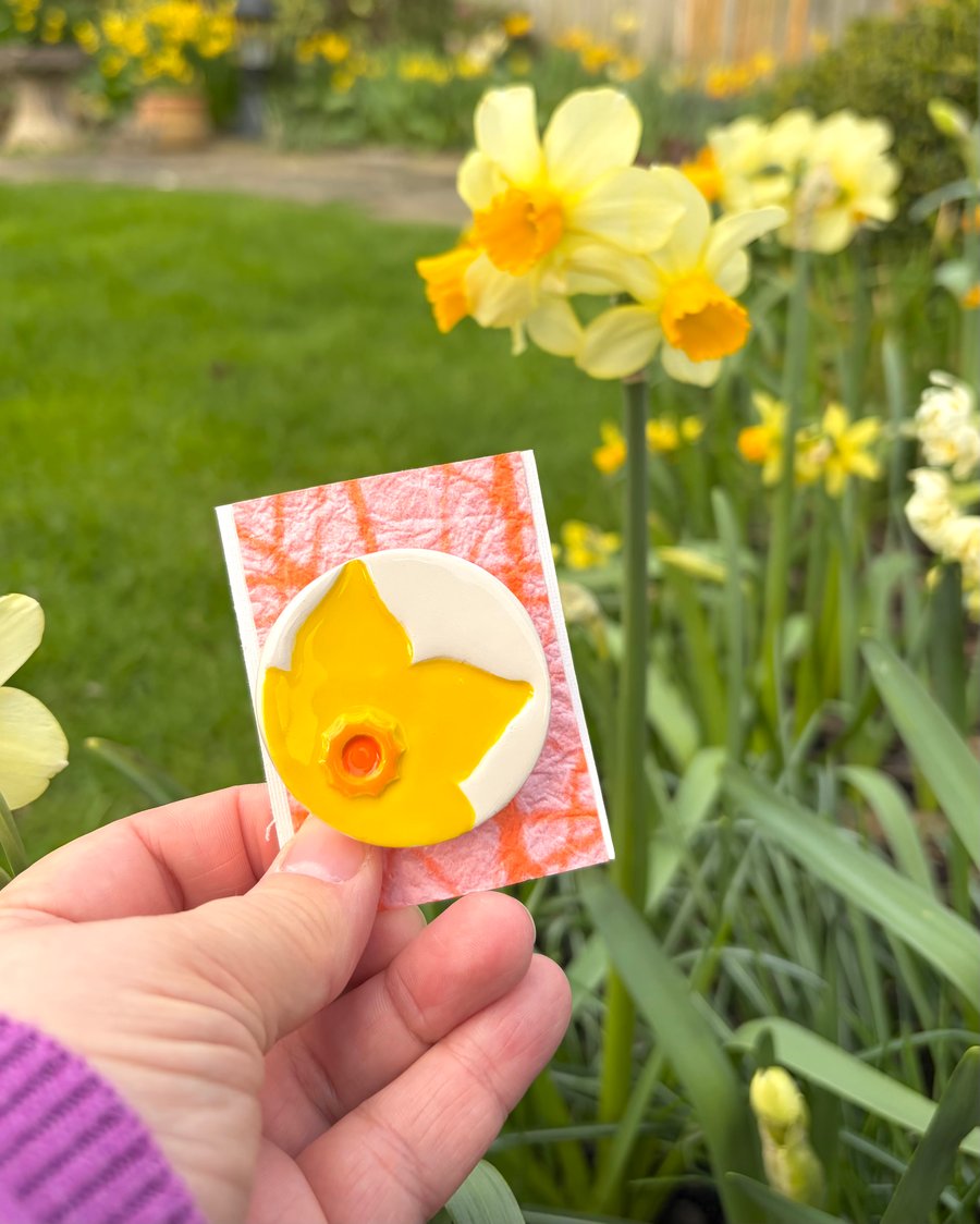 Handmade Ceramic Daffodil brooch, Hand Made Pottery Badge