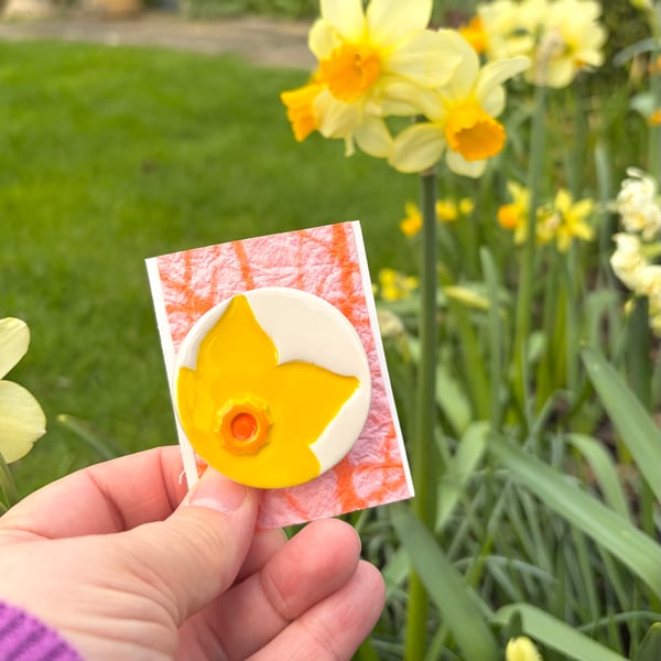 Handmade Ceramic Daffodil brooch, Hand Made Pottery Badge
