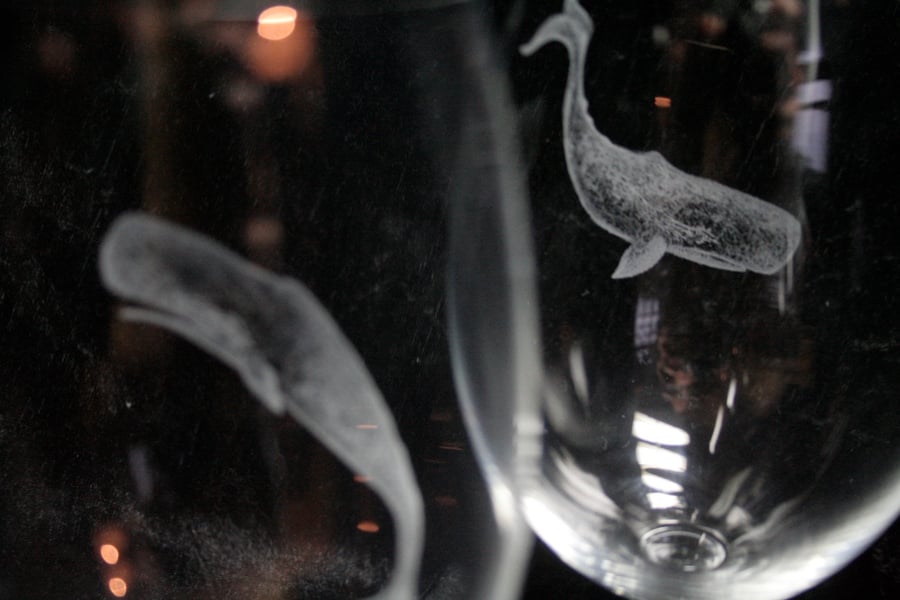 Pair of Hand Engraved Crystal Whale Wine Glasses