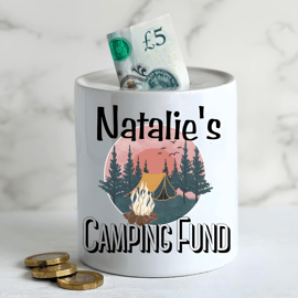 Personalised Ceramic Money Box -Novelty Present- CAMPING Fund