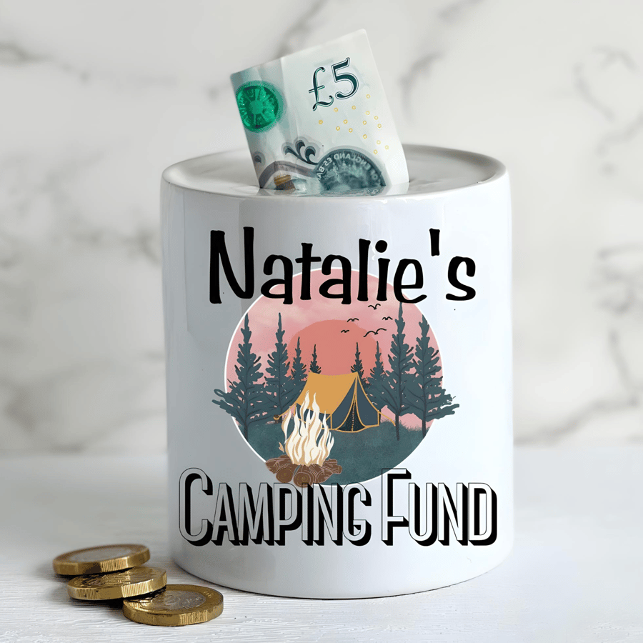 Personalised Ceramic Money Box -Novelty Present- CAMPING Fund