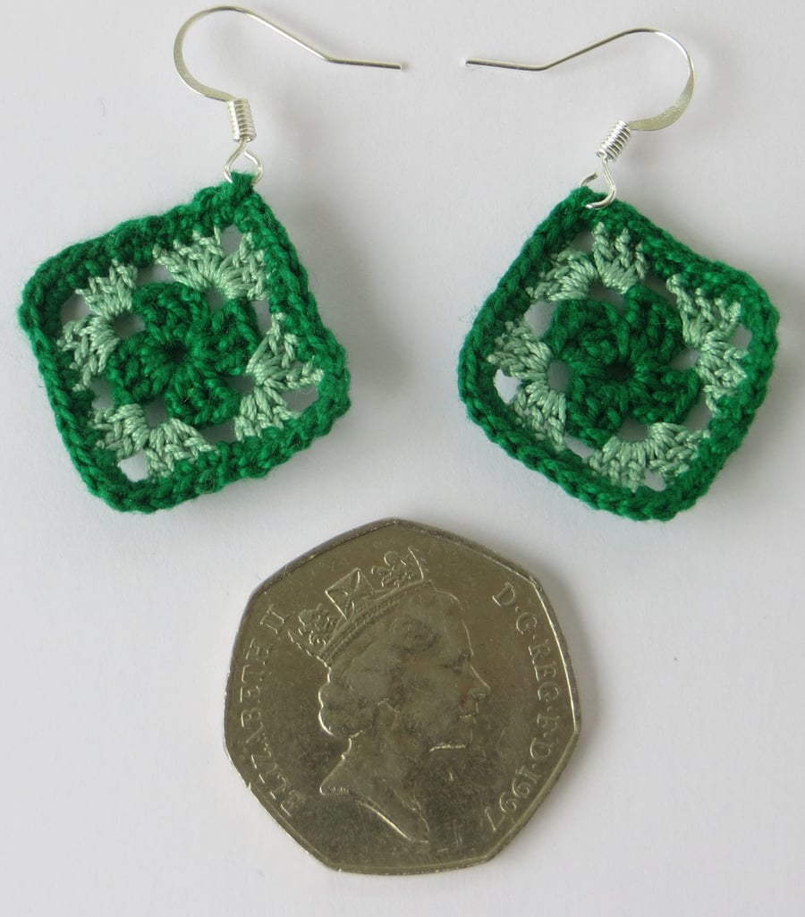Crochet earrings, FREE P&P, Granny square, Retro gift, Micro crochet, Green